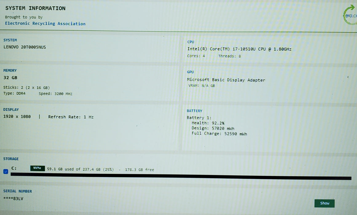 Lenovo ThinkPad T14s Gen 1 Core i7-10510U7 1.80GHz 32GB RAM 256GB SSD