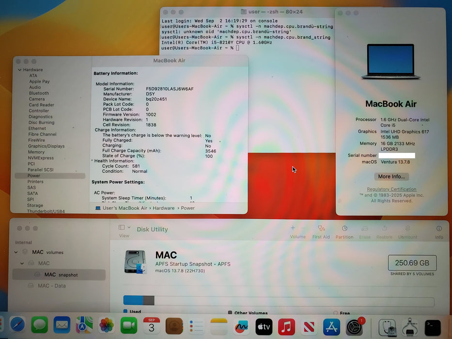 Apple MacBook Air 13" 2018 A1932 i5-8210Y 16GB RAM 256GB SSD NO ADAPTER