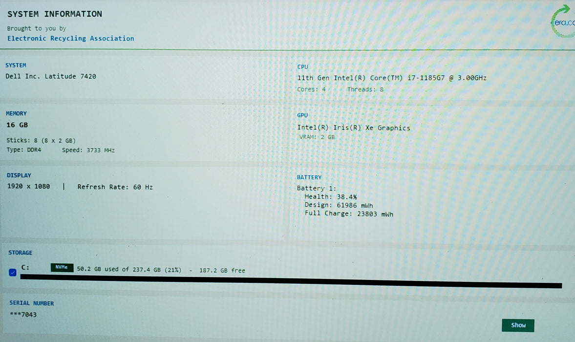 Dell Latitude 7420 14" i7-1185G7 16GB DDR4 256GB NVMe READ