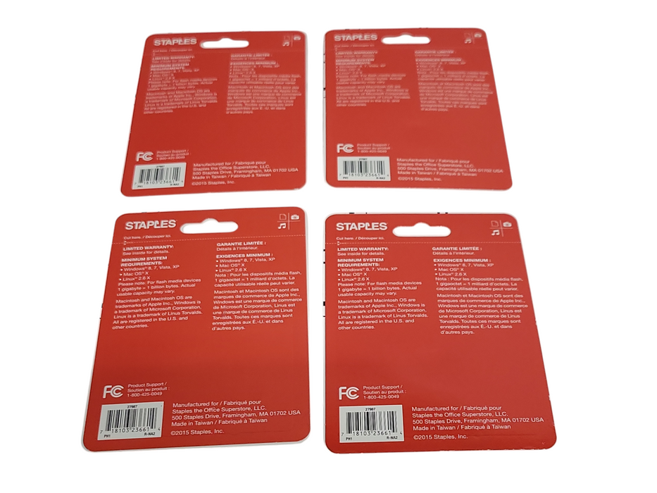 Lot of 4x New Staples USB 2.0 Flash drive 8GB