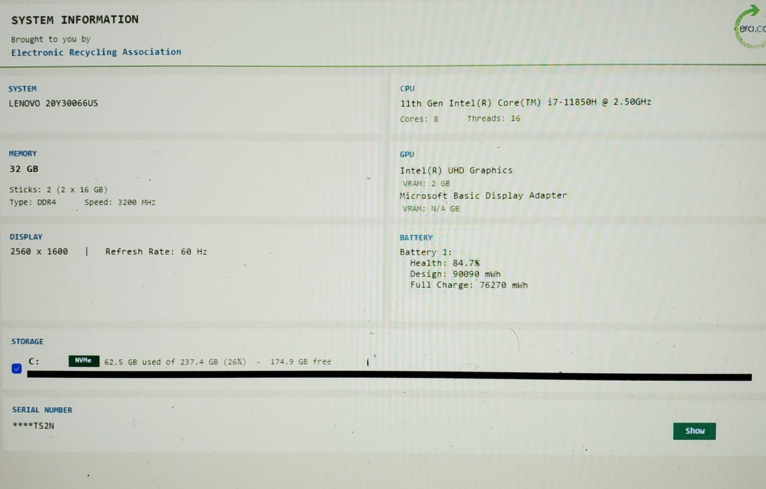 Lenovo ThinkPad P1 Gen 4 i7-11850H 32GB 256GB SSD READ