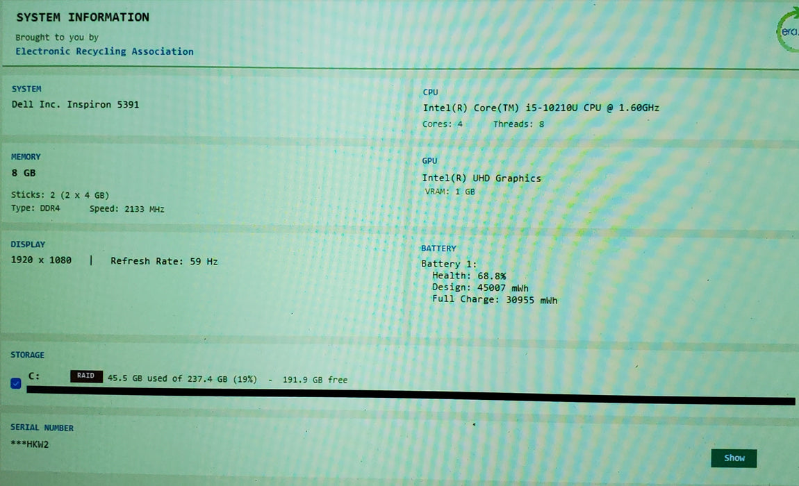 Dell INSPIRON 5391 Intel i5-10210U 8GB RAM 256GB SSD