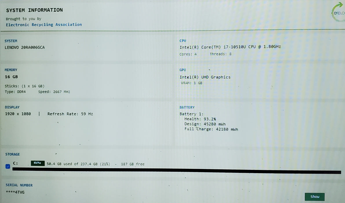 Lenovo ThinkPad E14 Gen 1 i7-10510U CPU 16GB RAM 256GB SSD READ