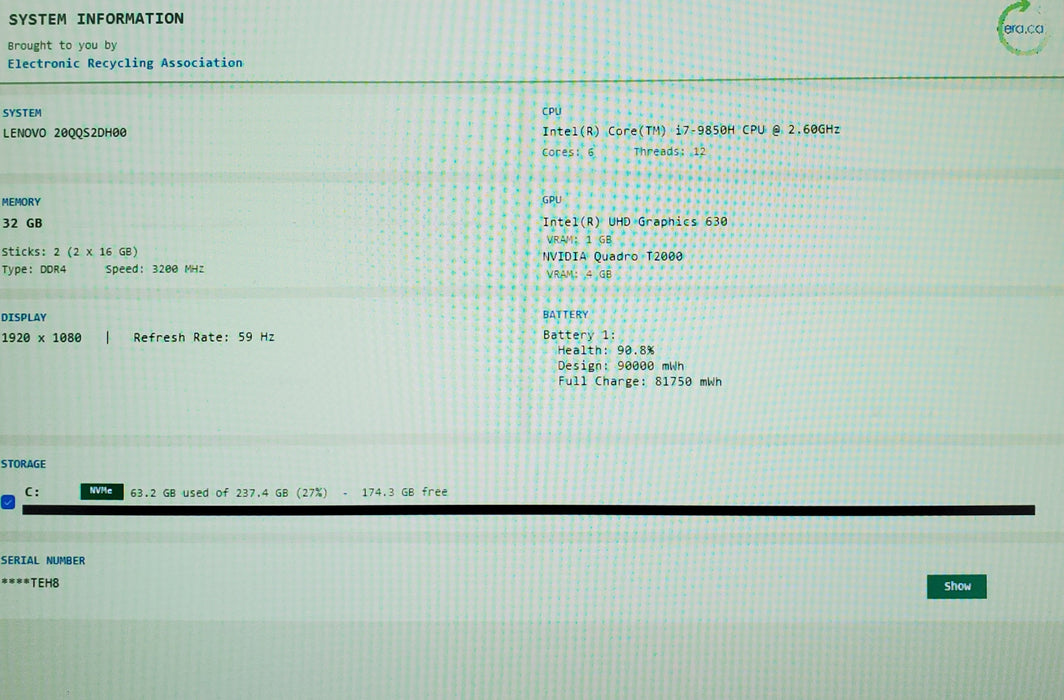Lenovo ThinkPad P53 15.6"  i7-9850H 2.6GHz 32GB DDR4 256GB SSD NVIDIA T2000 READ