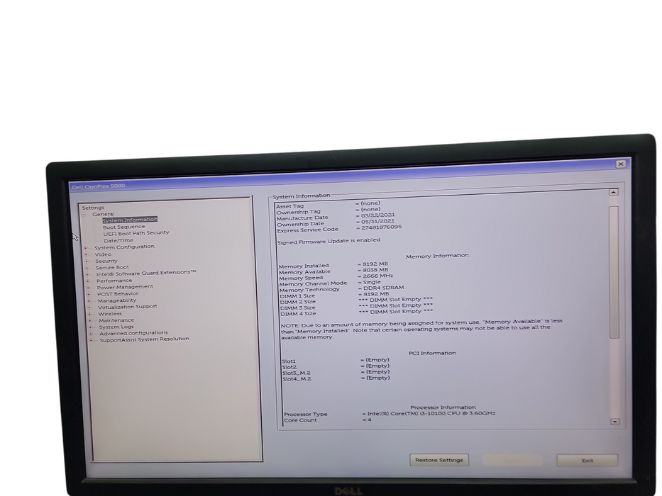 Dell Optiplex 5080 SFF i3 - 10100 @ 3.60GHz 8GB DDR4 Ram No HDD