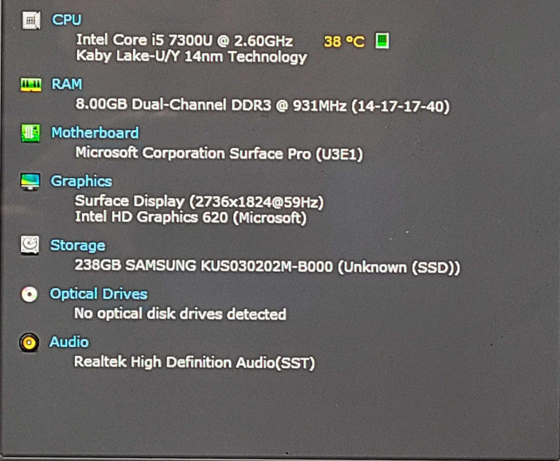 Microsoft Surface Pro (1796) - i5-7300U 2.60GHz, 8GB DDR3, 256GB SSD, READ