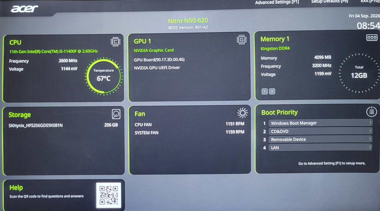 Acer Nitro N50-620 PC, Core I5-11400F 2.60GHz 12GB DDR4 256GB NVMe GTX 1650 4GB