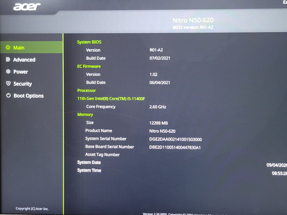 Acer Nitro N50-620 PC, Core I5-11400F 2.60GHz 12GB DDR4 256GB NVMe GTX 1650 4GB