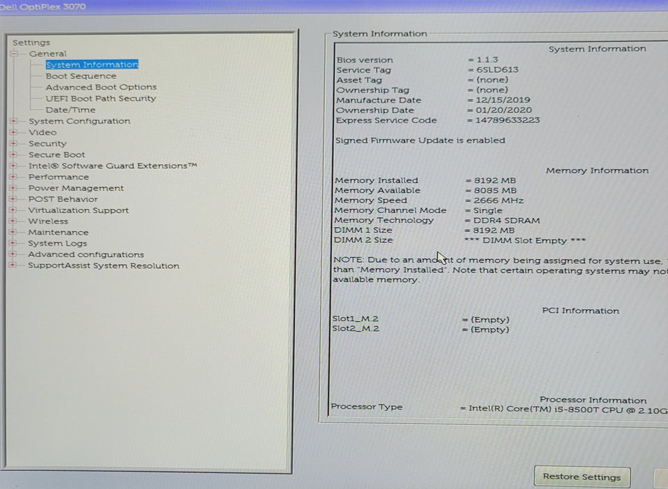 Dell OptiPlex 3070 Micro, Core i5-8500T 2.10GHz 8GB DDR4, 250GB SSD