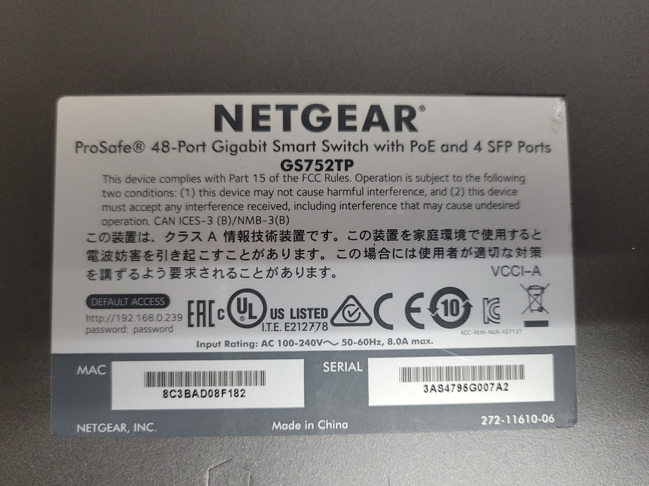 NetGear ProSafe 48-Port Gigabit Smart Switch with PoE and 4 SFP Ports GS752TP