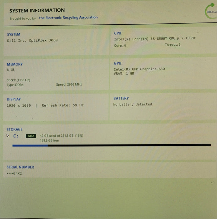 Dell OptiPlex 3060 Micro, Core i5-8500T 2.10GHz 8GB DDR4, 250GB SATA SSD