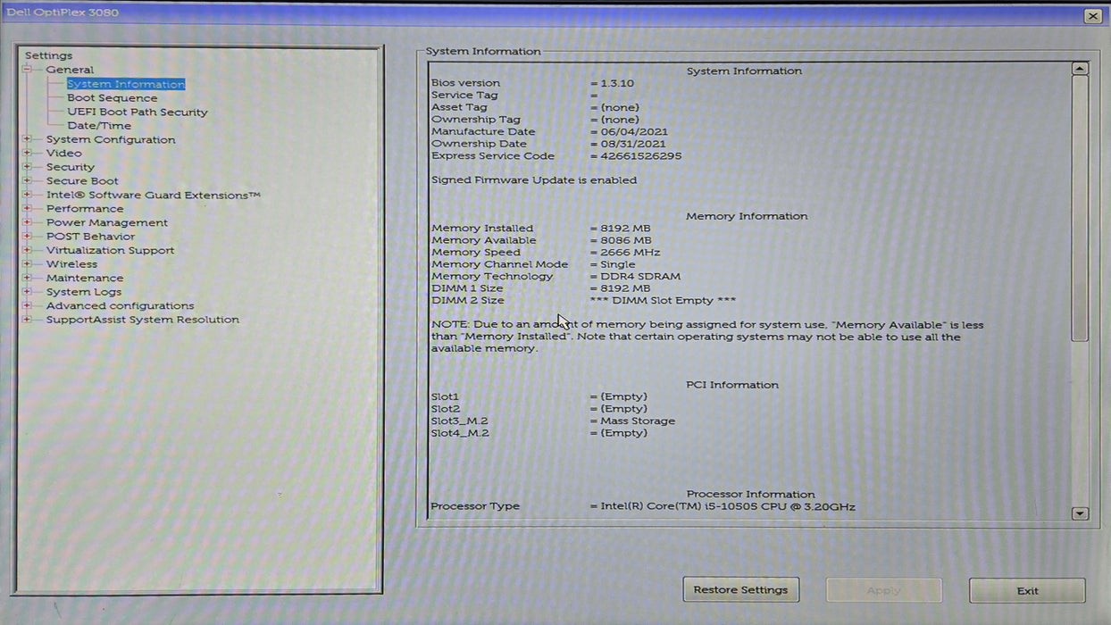 Dell OptiPlex 3080 SFF, i5-10505 3.20GHz, 8GB DDR4, 256GB NVMe