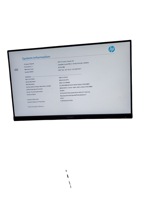 HP Z1G5 TWR Desktop - i7 9700, 8GB Ram, NO HDD/SSD
