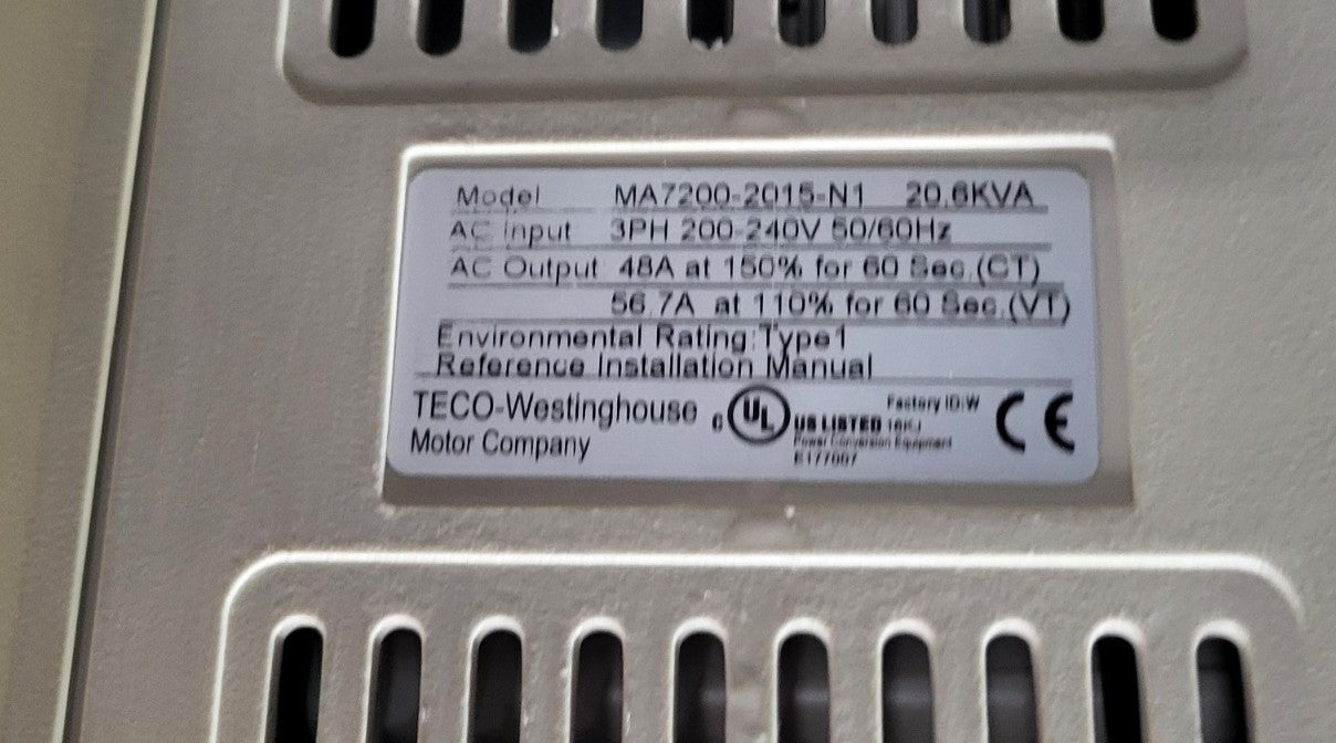 TECO-Westinghouse MA7200-2015-N1 DM6 20.6 kVA 15HP 3PH 200-240V VFD | Untested