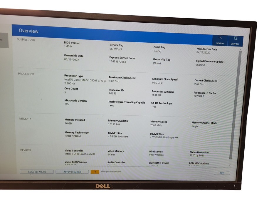 Dell OptiPlex 7090 Micro Core i5-10500T 2.30GHz, 16GB DDR4 256GB NNMe wifi w/ AC