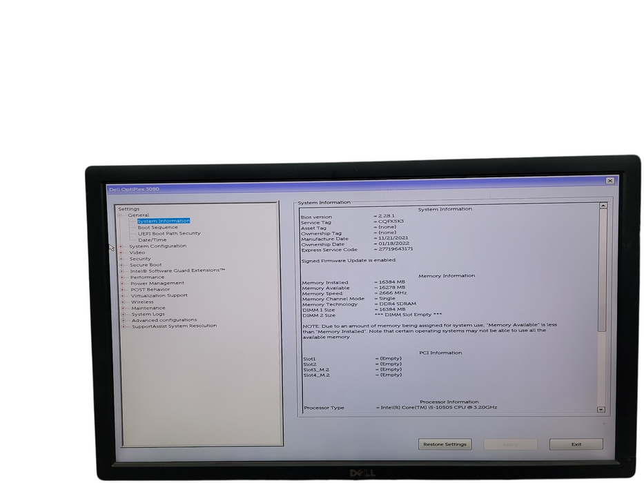 Dell Optiplex 3080 SFF i5 - 10505 @ 3.20GHz 16GB DDR4 Ram No HDD