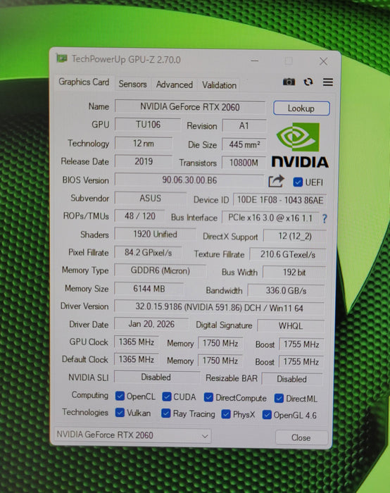 ASUS NVIDIA GeForce DUAL RTX 2060 6GB GDDR6 Graphics Card