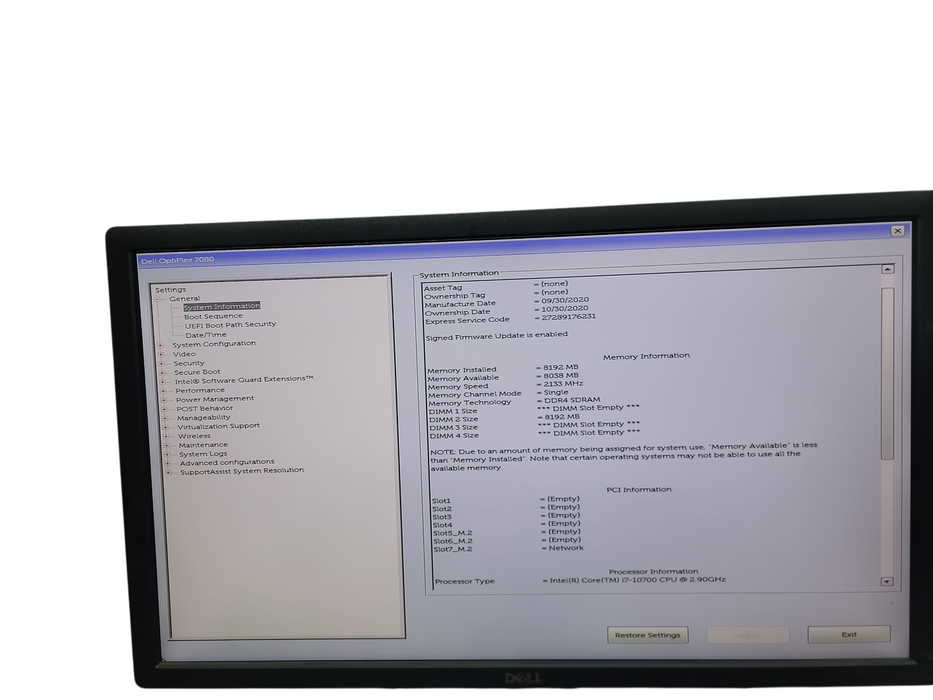 Dell Optiplex 7080 MT i7 - 10700 @ 2.90GHz 8GB DDR4 Ram No HDD