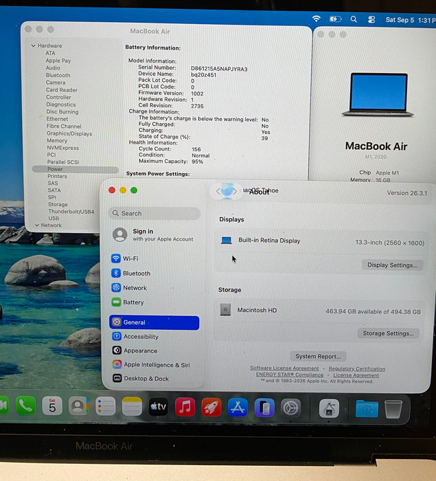 Apple MacBook Air M1 2020 16GB RAM 512GB SSD No Power Adapter