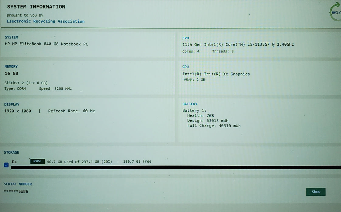 HP EliteBook 840 G8 14" i5-1135G7 16GB DDR4 256GB NVMe READ