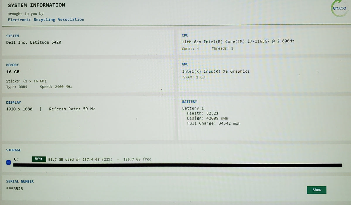 Dell Latitude 5420 Intel Core i7-1165G7 2.80GHz 16GB RAM 256GB SSD READ