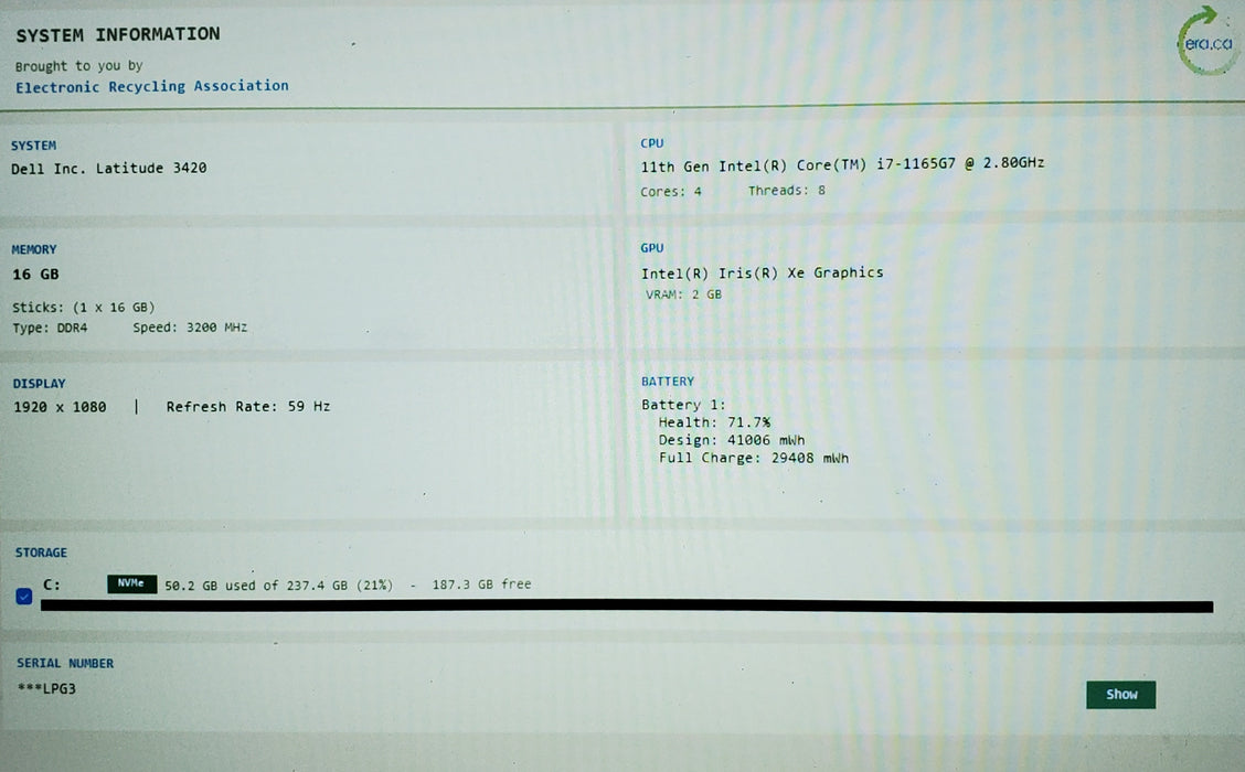 Dell Latitude 3420 i7-1165G7 - 16GB RAM - 256 GB NVME