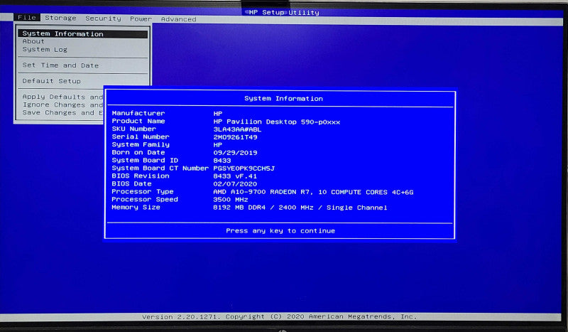 HP Pavilion 590-p0019 Desktop, AMD A10-9700, 8GB DDR4, 256GB NVMe