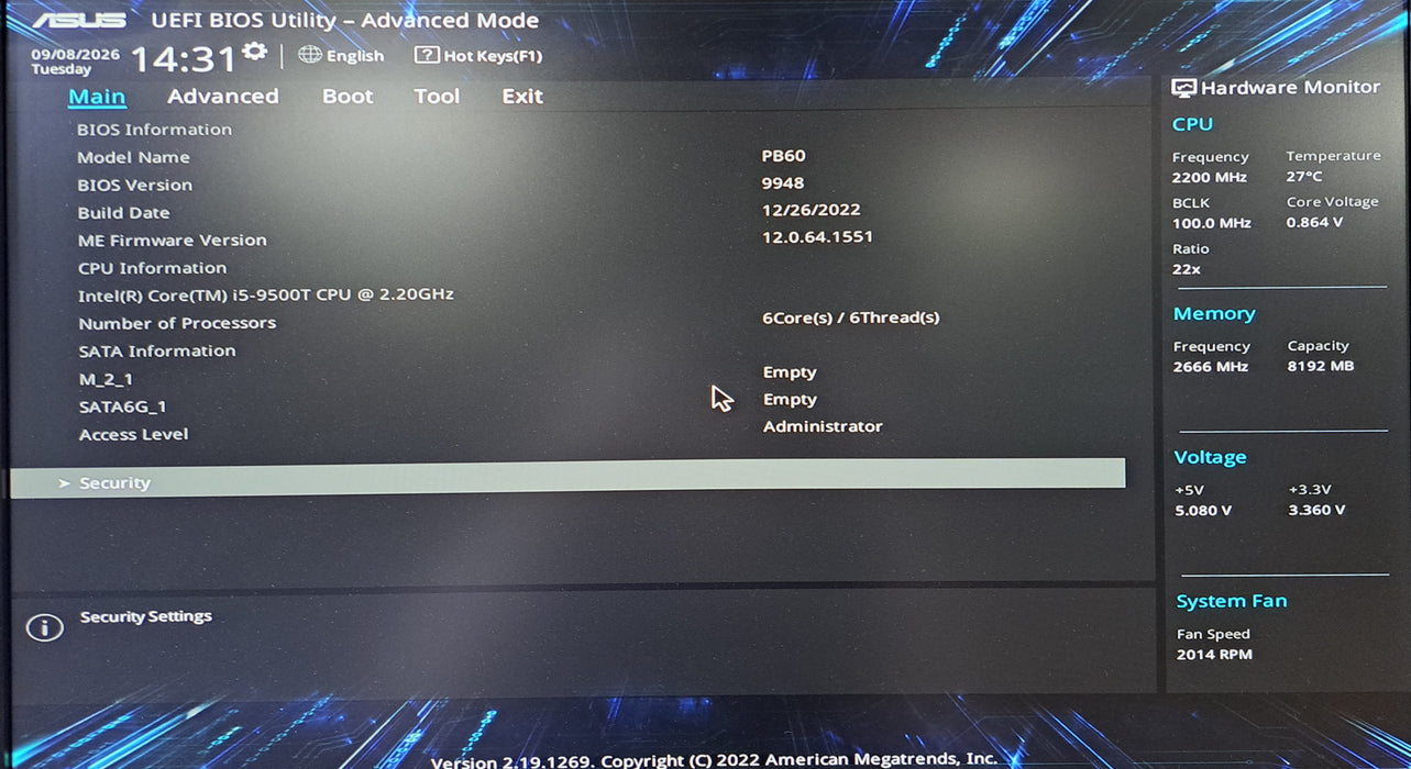 Asus PB60 Mini PC | Intel Core i5-9500T @2.20GHz, 8GB DDR4, Wi-Fi, No HDD