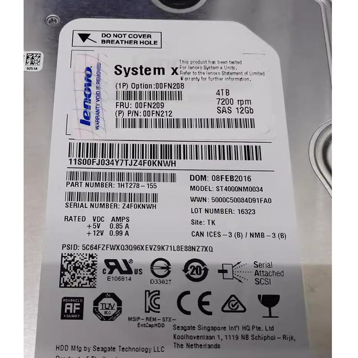 Lenovo 00FN212 4TB 00FN208 00FN209 7.2K SAS RPM 12Gb/s G2HS NL 3.5" Hard Drive