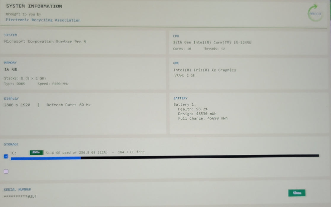 Microsoft Surface Pro 9 2038 i5-1245U 16GB DDR5 256GB NVMe
