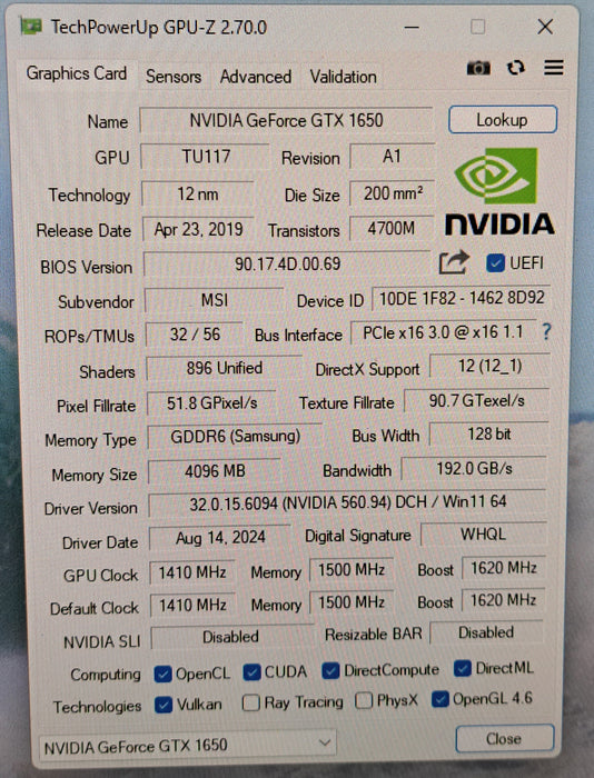 MSI GeForce GTX 1650 4GB GDDR5 Graphics Card GTX 1650 D6 AERO ITX OC