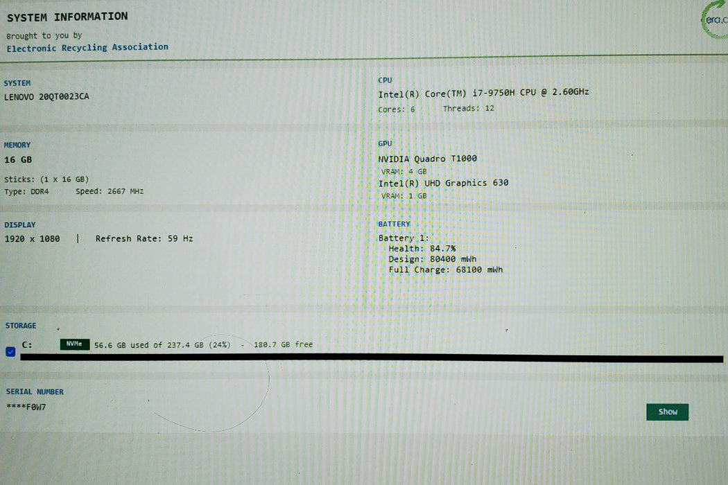 Lenovo ThinkPad P1 Gen 2 i7-9750H 16GB RAM 256GB SSD NVIDIA T1000