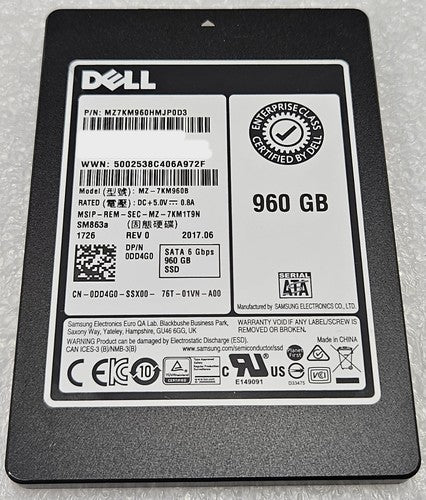 960GB SATA III 2.5" 7mm 6Gbps Dell/Samsung SSD - MZ7KM960HMJP0D3 / 0DD4G0