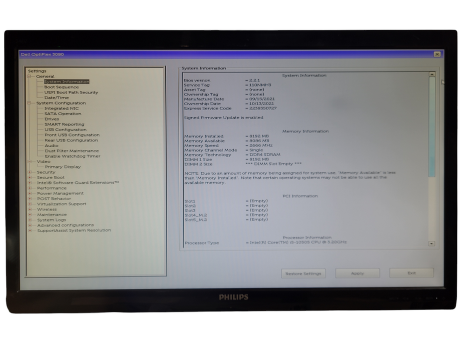 Dell OptiPlex 3080 i5-10505 3.2GHz 8GB RAM DDR4 NO-HDD/SSD