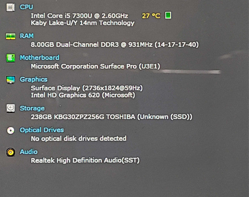 Microsoft Surface Pro (1796) - i5-7300U 2.60GHz, 8GB DDR3, 256GB SSD