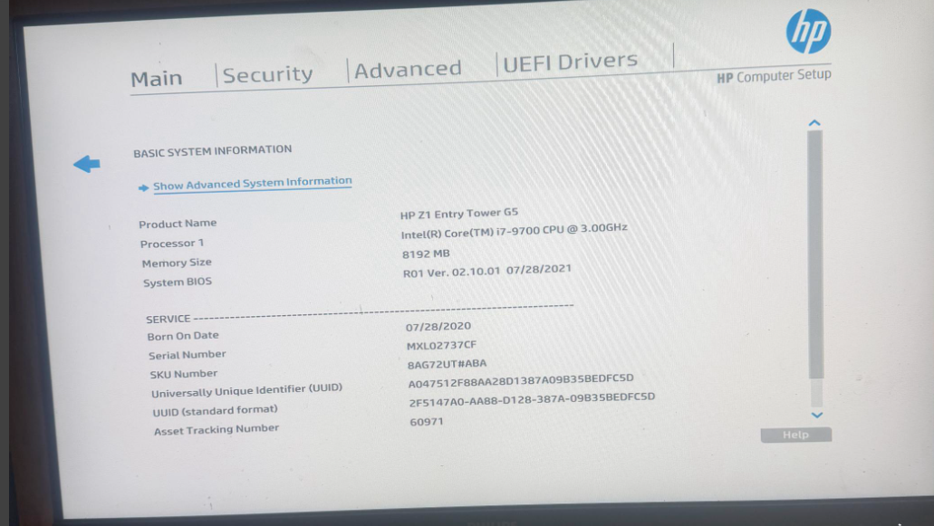 HP Z1 ENTRY TOWER G5  Desktop - i7 9700, 8GB Ram, NO HDD/SSD
