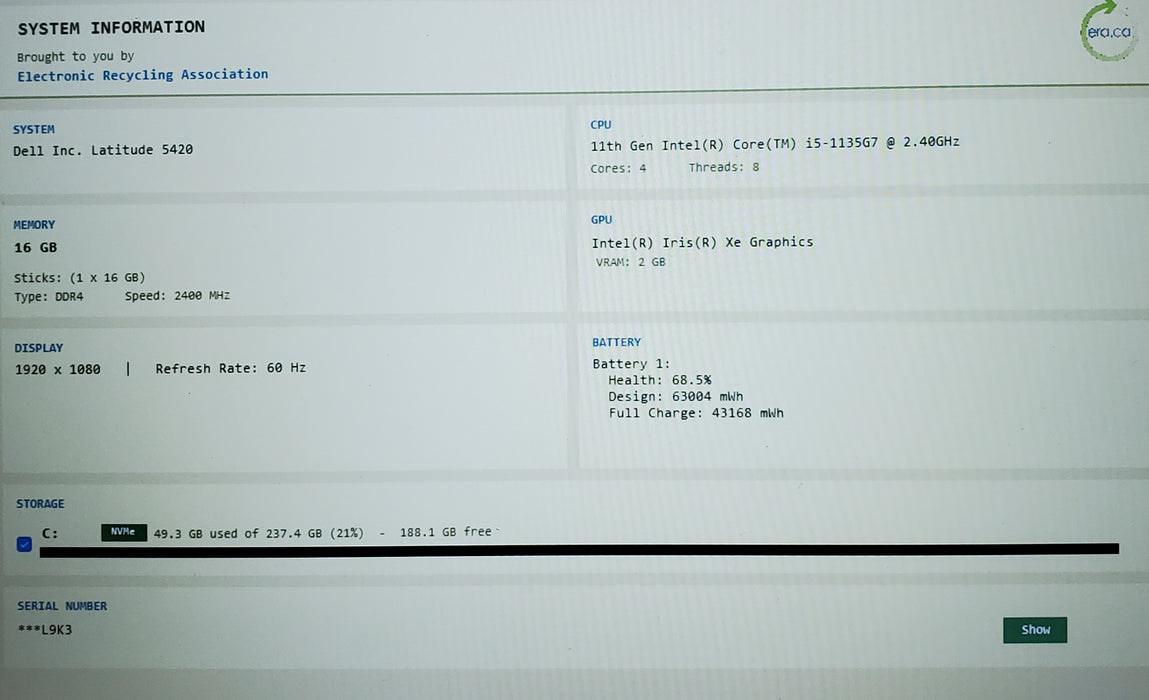 Dell Latitude 5420 Intel Core i5-1135G7 2.40GHz 16GB RAM 256GB SSD READ