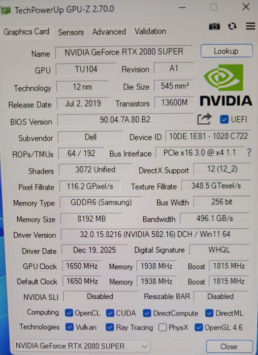 NVIDIA GeForce RTX 2080 Super 8GB GDDR6 Graphics card