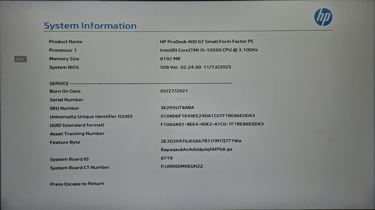 HP ProDesk 400 G7 SFF, i5-10500 3.10GHz, 8GB DDR4, 256GB NVMe
