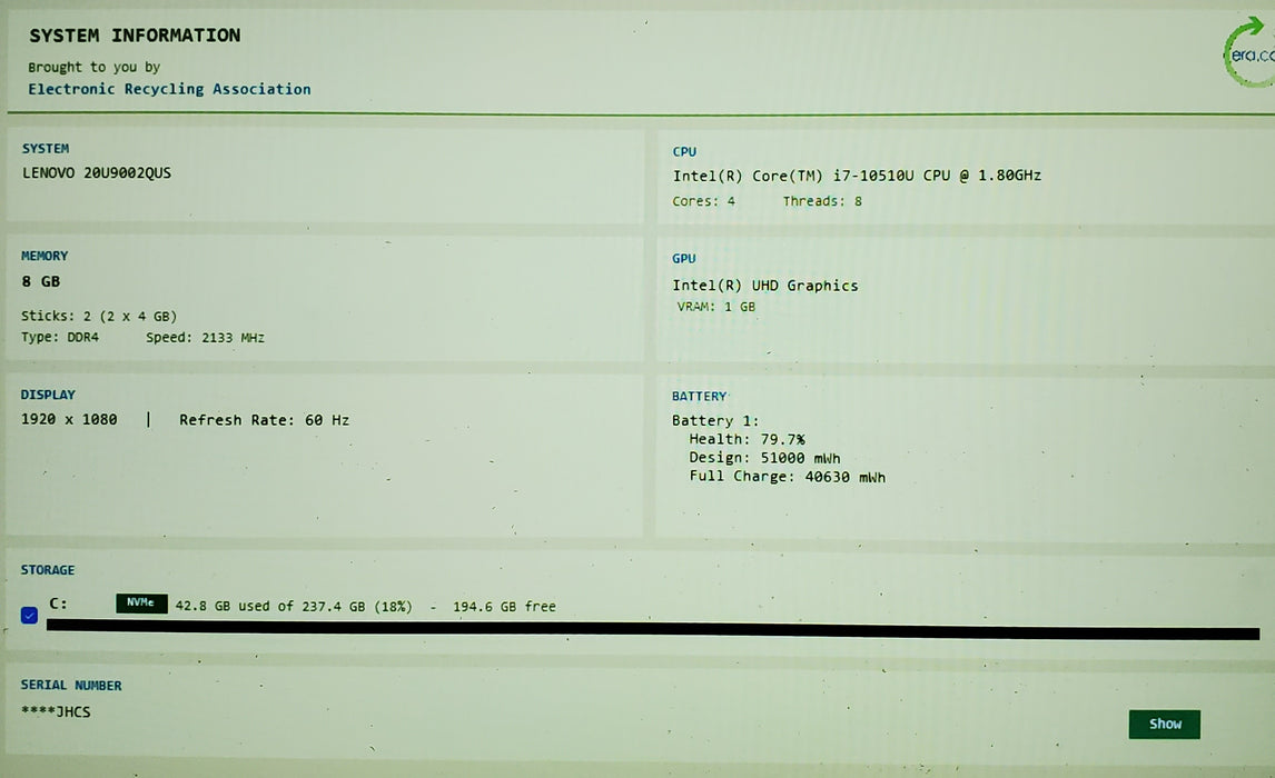 Lenovo ThinkPad X1 Carbon Gen 8 Core i7-10510U 1.80GHz 8GB RAM 256GB SSD