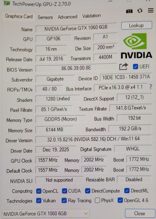 Gigabyte GeForce GTX GV-N1060WF2OC-6GD GDDR5 Graphics card