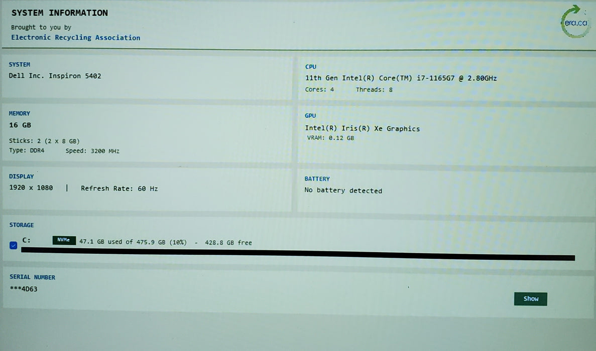 Dell Inspiron 5402 P130G intel i7-1165G7 @ 2.80GB 16GB Ram 512GB SSD READ