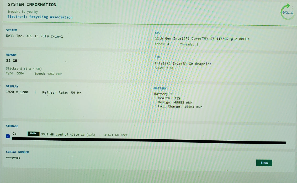 Dell XPS 13 9310 2-in-1 13" Touch Core i7-1165G7 32GB RAM 512GB NVMe SSD READ