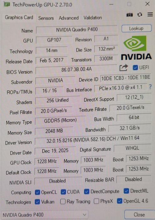 NVIDIA Quadro P400 professional graphics card 2GB GDDR5 3 x Mini DP, FH bracket
