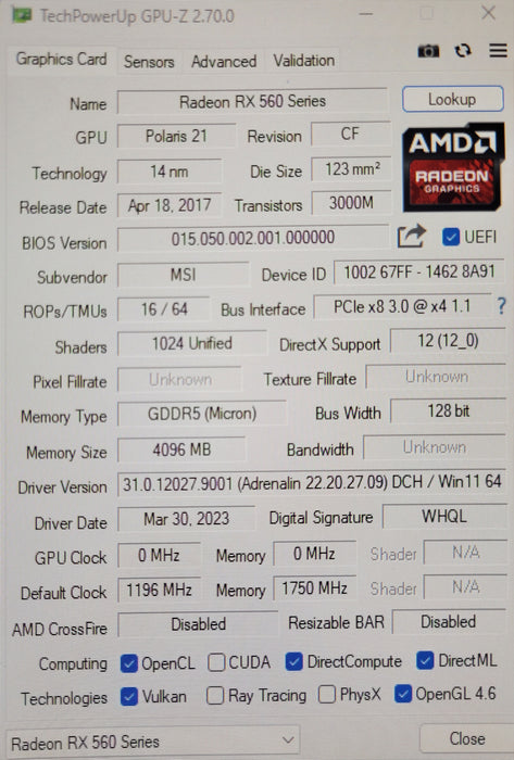 MSI Radeon RX 560 AERO ITX 4G OC Graphics card