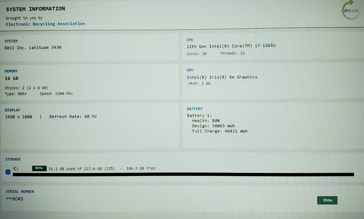 Dell Latitude 5430 Core i7-1265U 16GB RAM 256GB SSD