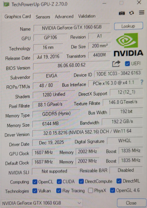EVGA GeForce GTX 1060 6GB GDDR5 Graphics card