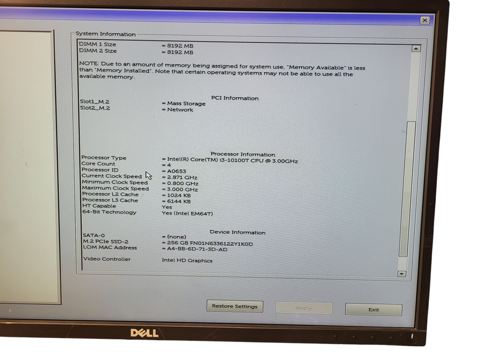 Dell Optiplex 3080 Micro i3-10100T @ 3GHz 16GB DDR4 256GB NVMe w/ 65W AC