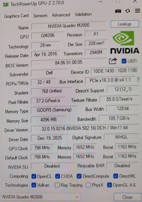 Dell NVIDIA Quadro M2000 4GB GDDR5 PCIe x16 Graphics Card 0W2TP6