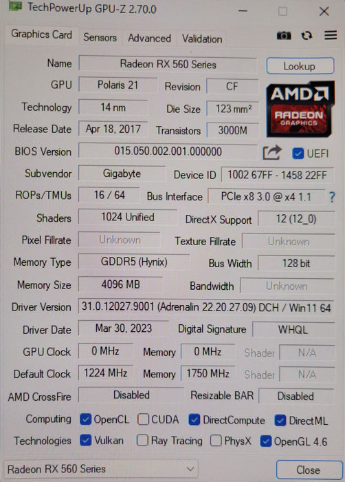 GigaByte Radeon RX 560 4GB GDDR5 Graphics card